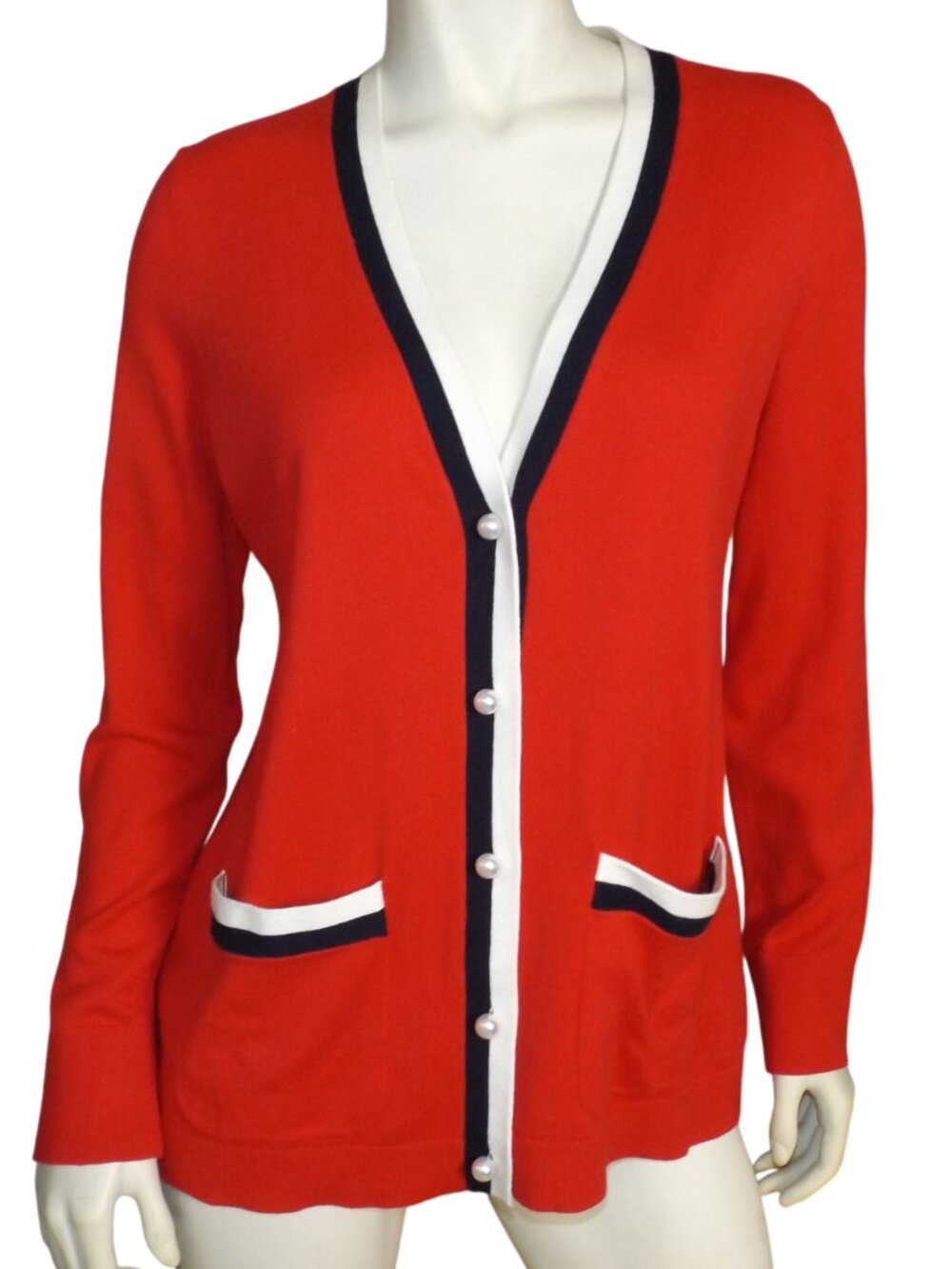 TALBOTS Cardigan Sweater, M, Red/Blue White trim, Pearly buttons, Pockets